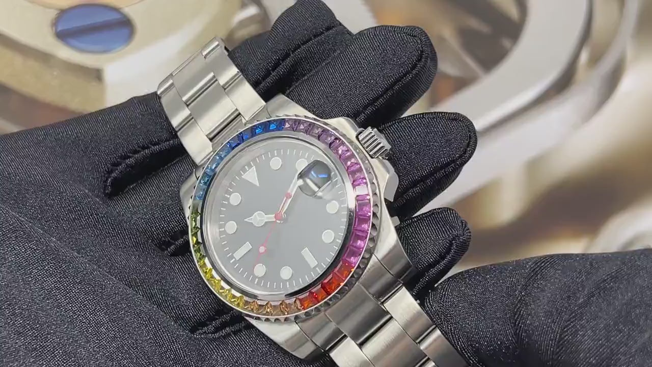 Custom Rainbow Jewel Watch | Stainless Steel, Sapphire Crystal, Oyster  Steel Bracelet, Seiko Mod, Watch Mod, Bust Down, Bling, Jewel Bezel