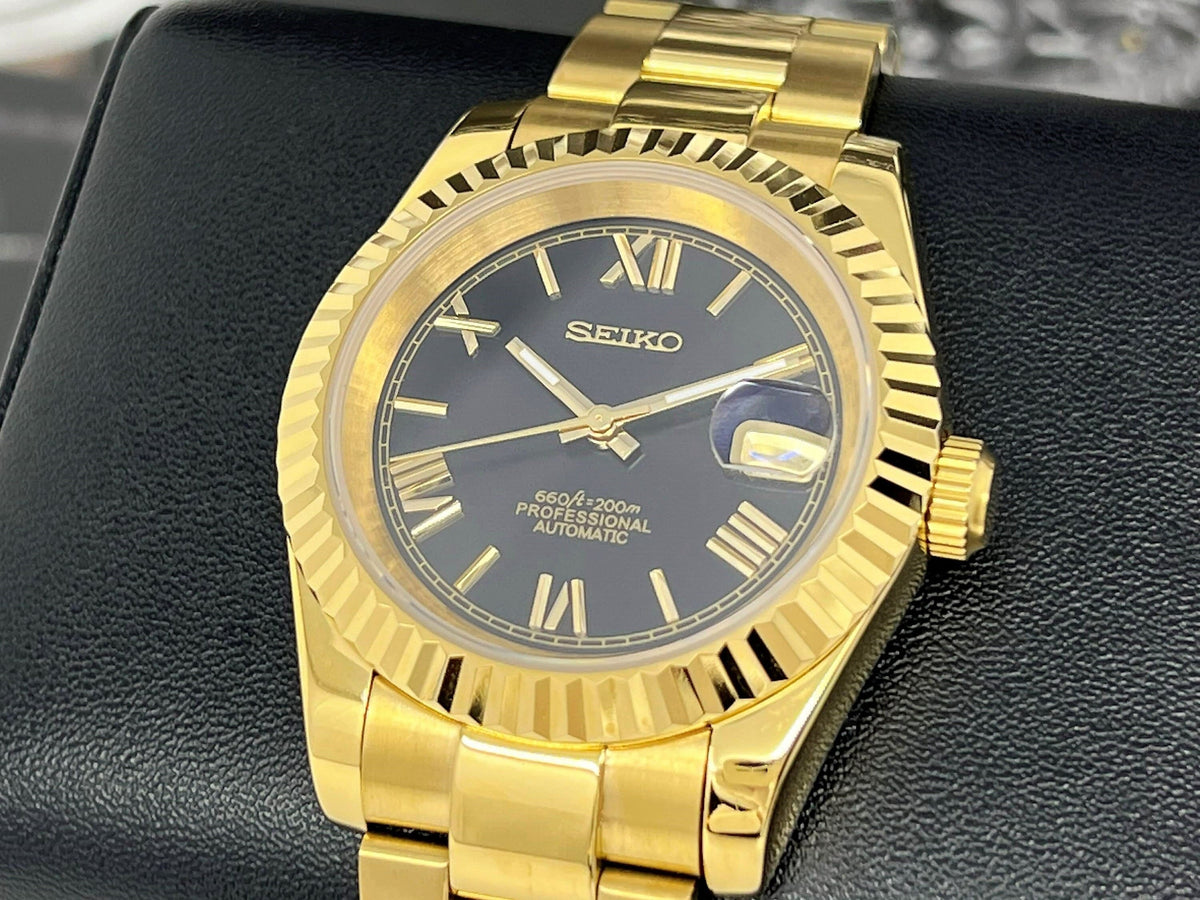 Seiko Gold and Black 39mm Datejust Roman Numeral Buckley Fluted Watches by Andrew