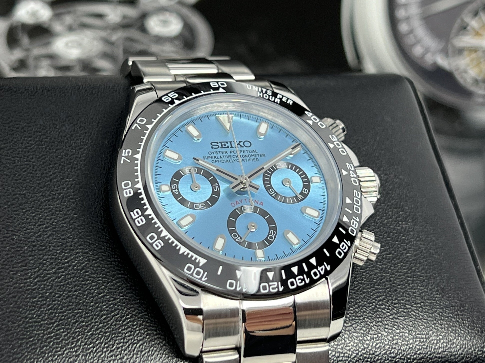 Custom Daytona 40mm Rare Sky Blue Stainless Steel Mecaquartz Watch Quartz Watch Seikotona Seikitona Seiktona John Mayer Modern