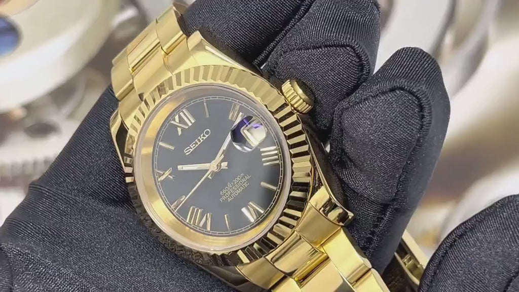 Seiko Gold and Black 39mm Datejust Roman Numeral Buckley Fluted Watches by Andrew