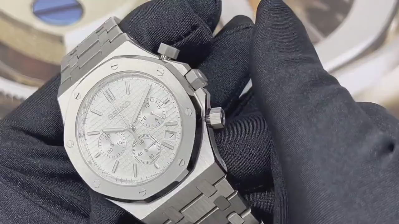 Seikoak Luxury Chronograph | White on Stainless Steel | Sport Watch 42mm |  Royal | Oak | Waffle Dial | VK63 Wristwatch | Custom Men's Watch