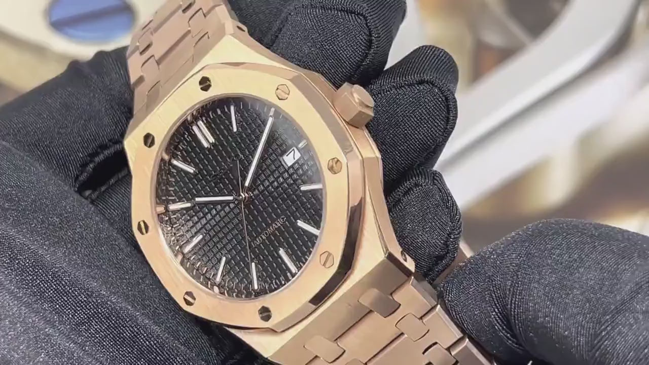 Seikoak Rose Gold Luxury Dress Watch | Black Dial | Seiko Mod | Watch Mod | Custom Watch | NH35 Automatic Movement | 42mm | Steel Sport