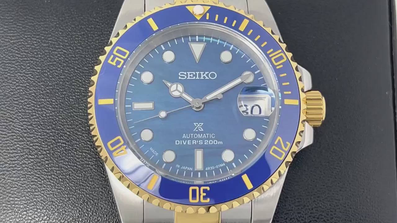 Seiko Submariner Date Two Tone Bluesy Ocean Pearl Dial - Sapphire Crystal - 40mm - Steelsport Ceramic Bezel -Watch Mod | Modded Watch