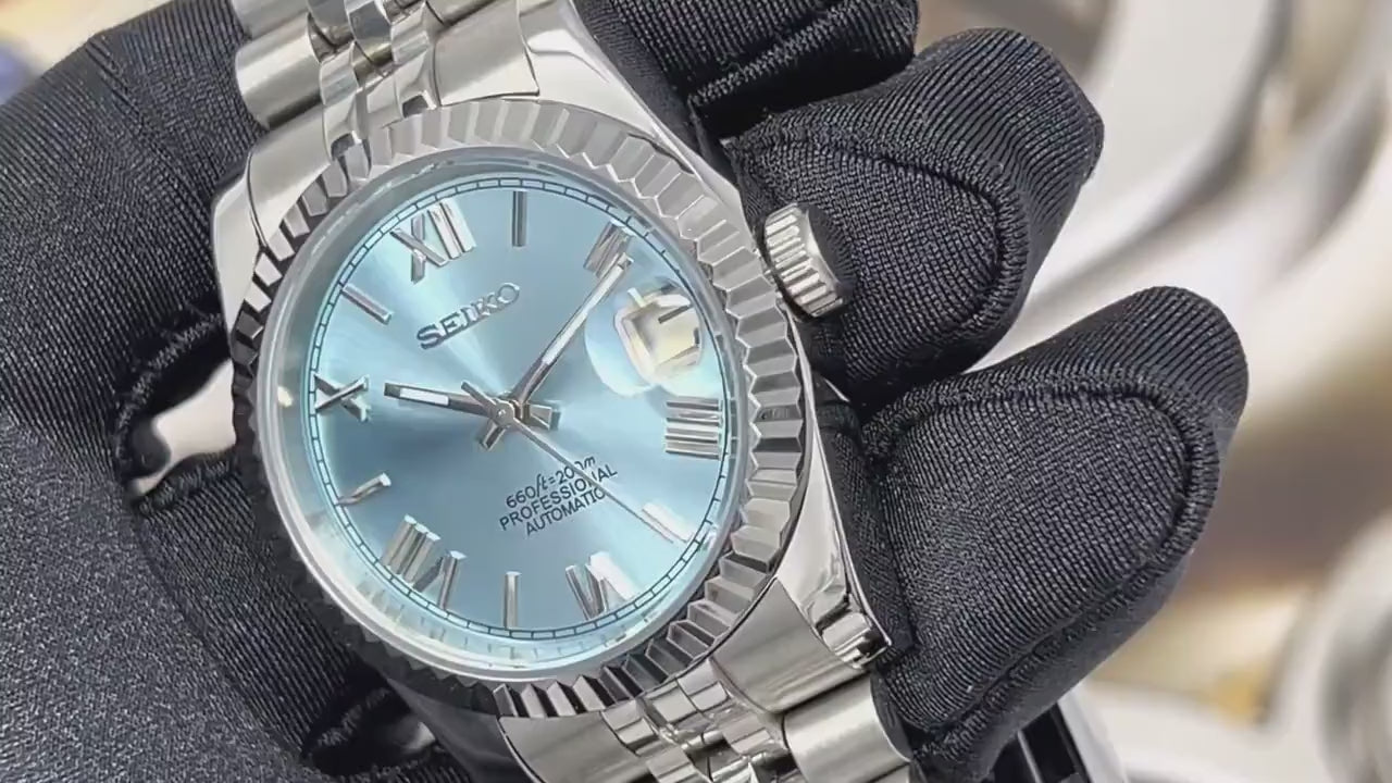 Seiko silver watch outlet with blue face