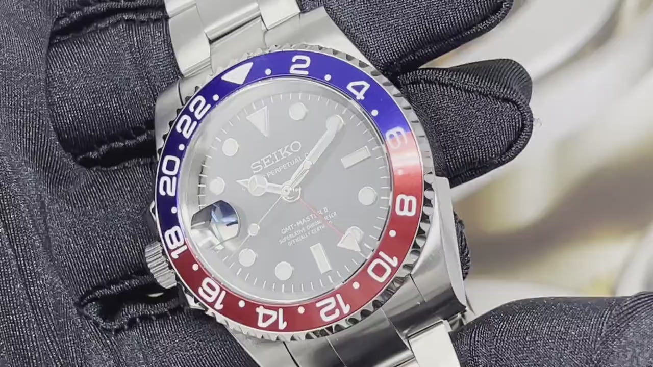 Custom Pepsi Full GMT Left Hand Blue and Red NH34 movement 41mm Timezone Automatic Custom Watch Watch Mod Destro South Paw