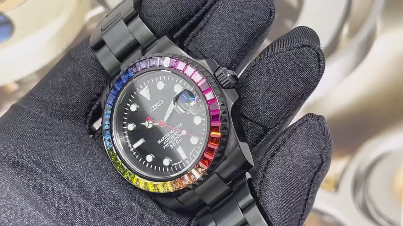 Seiko Rainbow Stealth 2023 Black with Sapphire Crystal Oyster Steel Bracelet Jewel Bust Down Gem Frost Bling Color Watch Mod