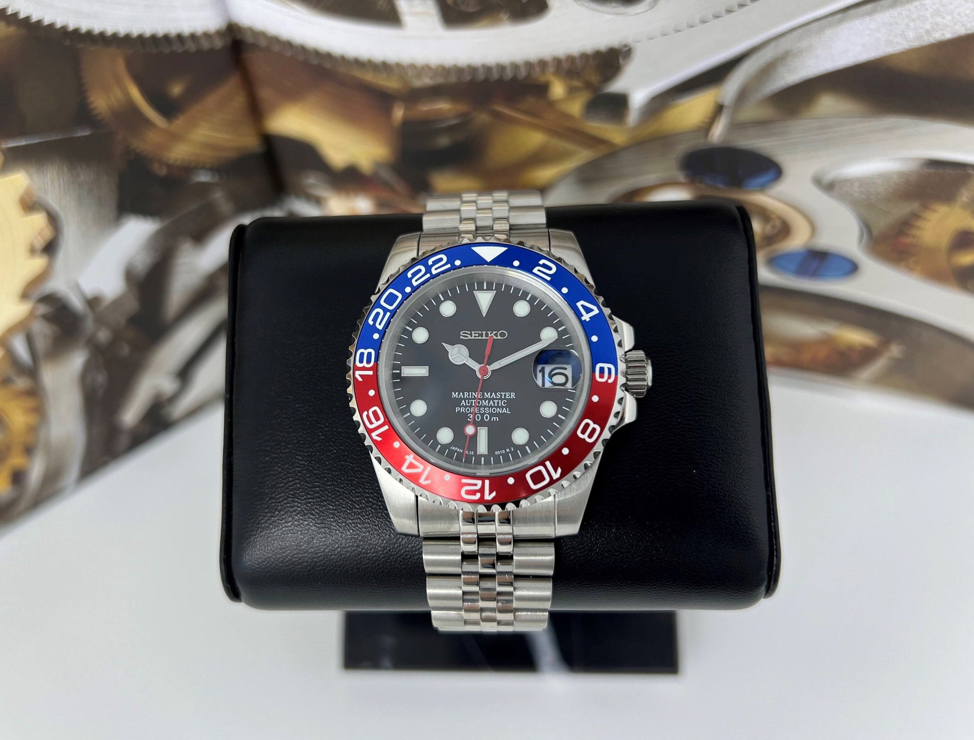 Seiko Pepsi GMT | Watch Mod | Seiko Mod | Stainless Steel Sport Watch | Custom Sapphire Crystal and NH35 Movement | Blue Red | Jubilee Strap