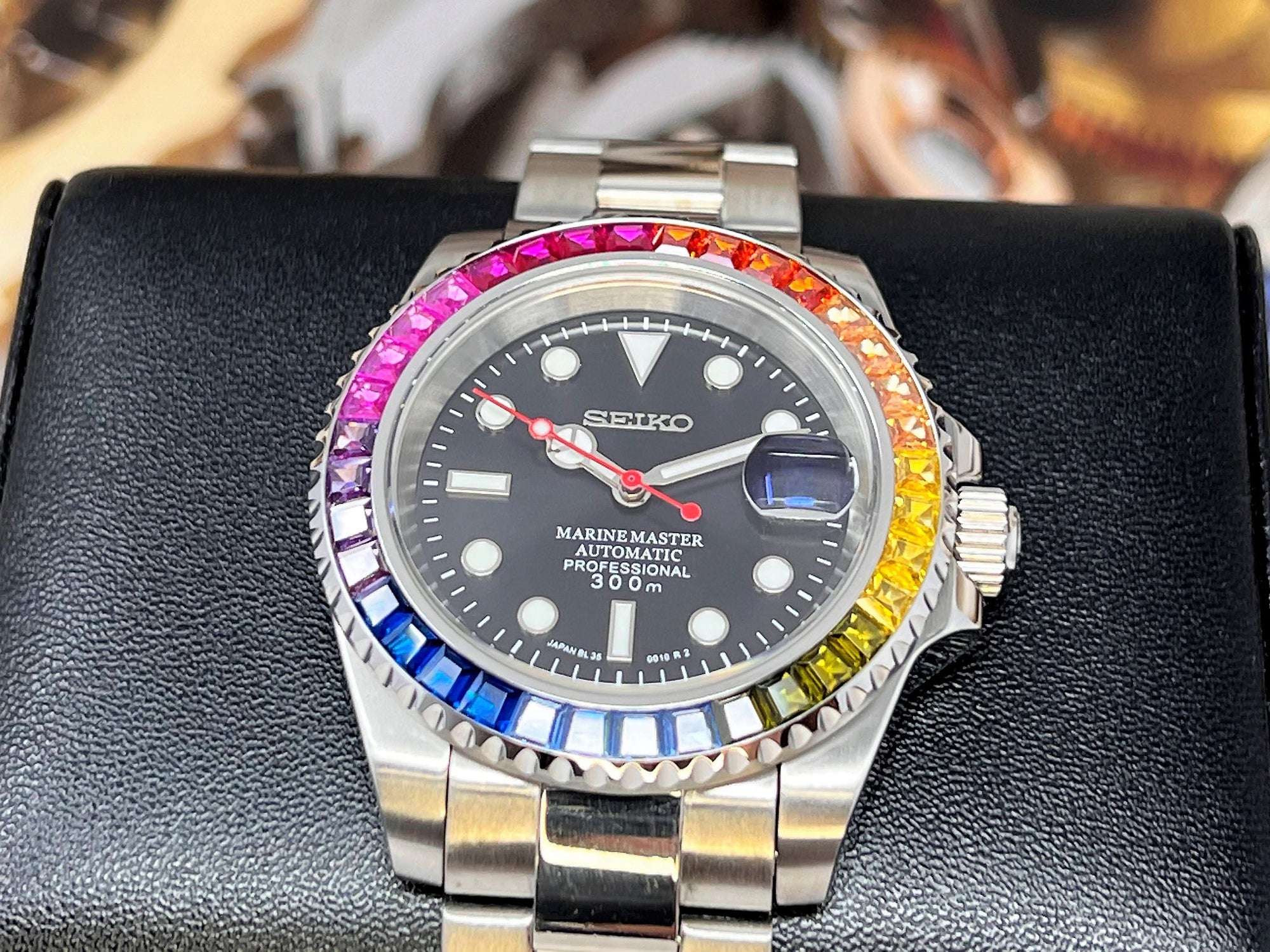 Seiko Rainbow 2023 | Stainless Steel with Sapphire Crystal | Oyster Steel Bracelet with Rainbow Jewel Bezel | Bust Down | Watch Mod | Bling