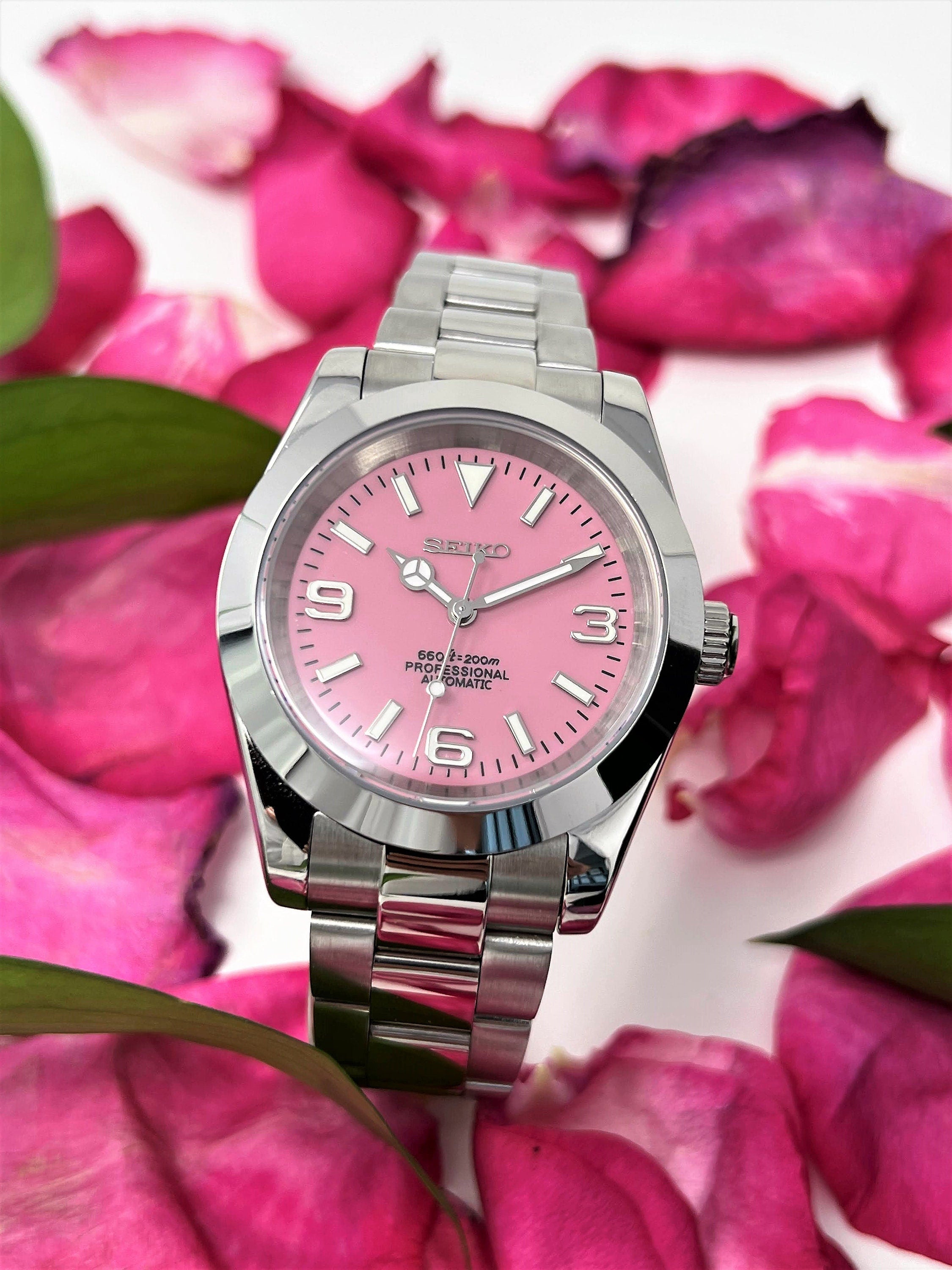 Custom Rose Explorer 36 or 39mm Pink Dial Stainless Steel Oyster Watches by Andrew