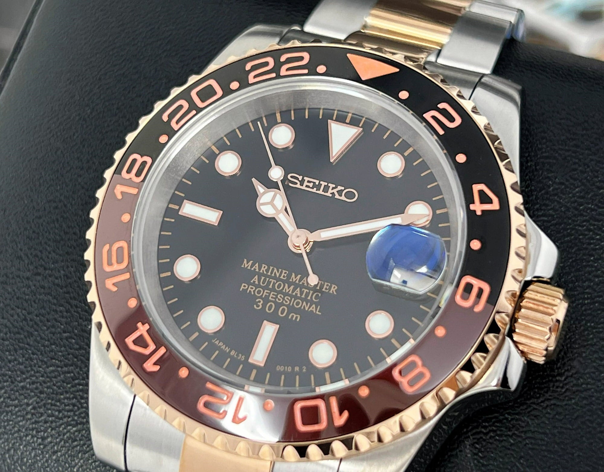 Seiko Rootbeer Two Tone GMT - Stainless Steel Sport Watch - Seiko Mod - Custom Sub - Oyster Bracelet - Perpetual Date - 20mm - Submariner