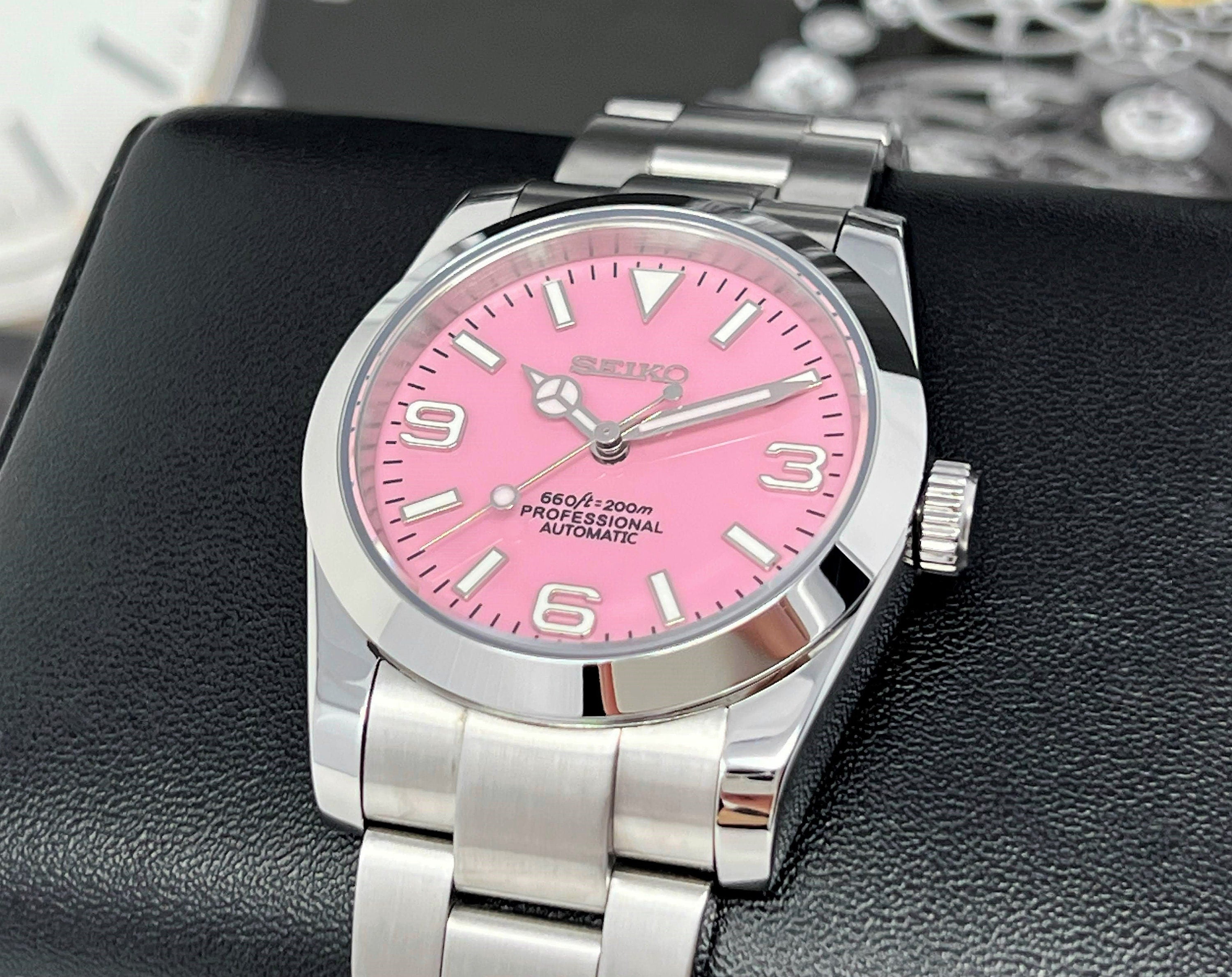 Custom Rose Explorer 36 or 39mm Pink Dial Stainless Steel Oyster Custom Build Watch Mod Seiko Mod Explorer Perpetual Timepiece