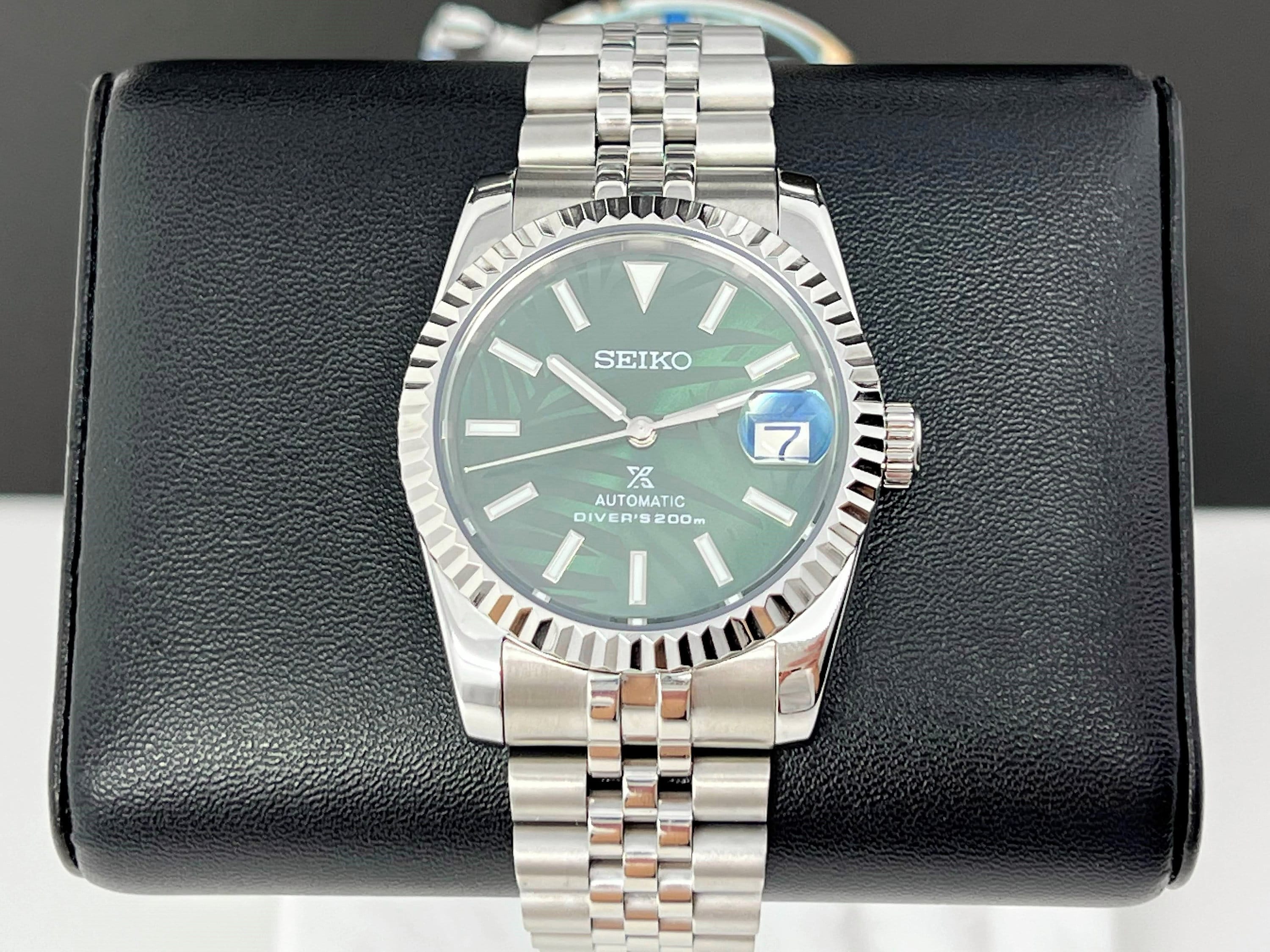 Custom Palm Green Two Tone Datejust 36 39mm Fluted Bezel Stainless Steel Jubilee Date NH35 Seiko Mod Watch Mod Custom Watch Mod