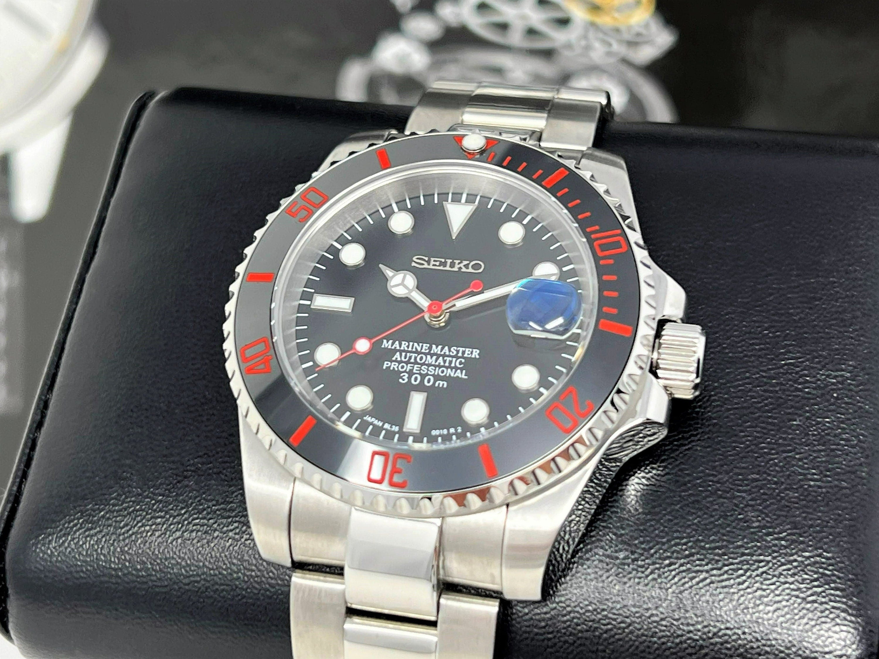 Custom Red Black Submariner Seiko Mod Watch Mod Custom Build Watch Stainless Steel Sub Steel Sport Watch Watches Seiko 5 Mod