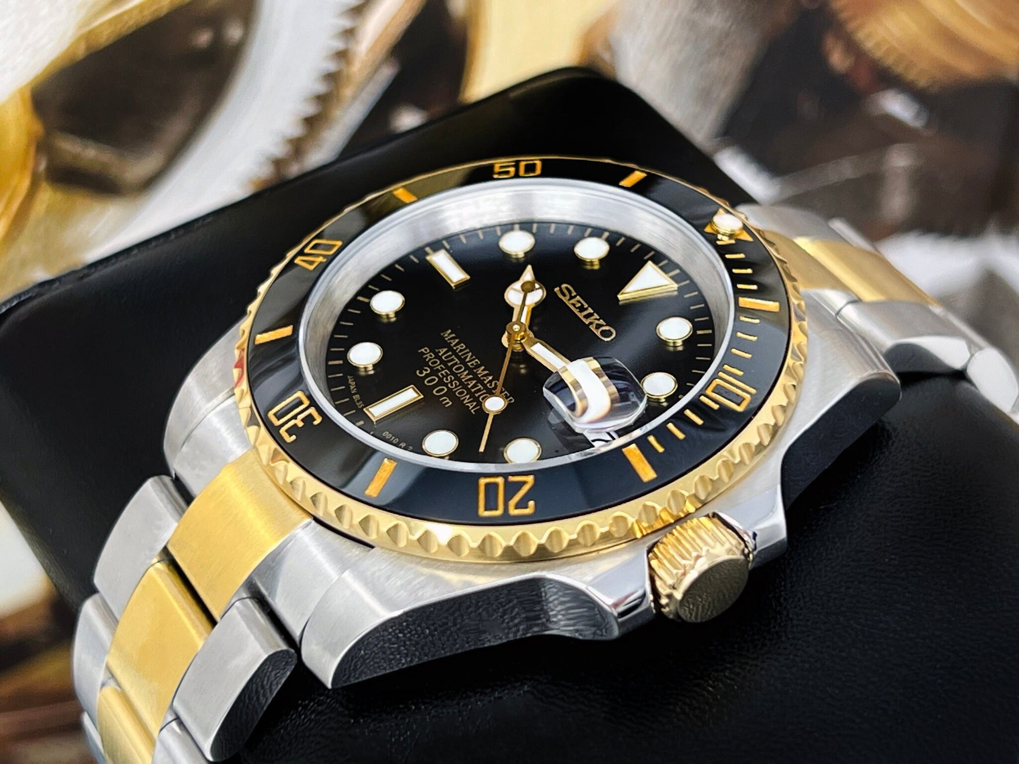 Seiko Black and Gold Submariner Mod | Two Tone | Sapphire Crystal | Steelsport Watch Mod | Ceramic Bezel | Custom | Yellow Gold Sub | Bluesy