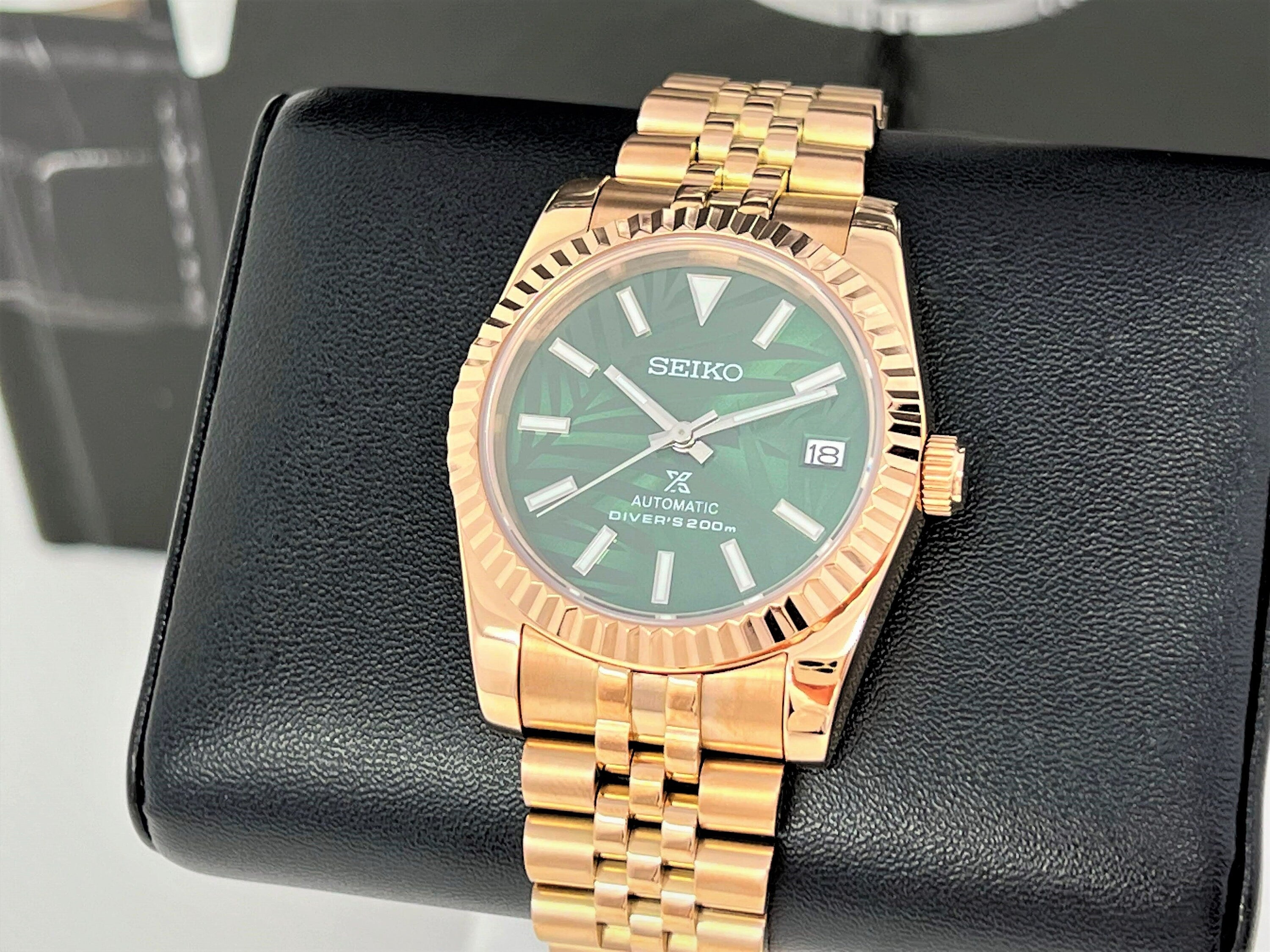 Custom Palm Green Rose Gold Datejust 39mm Fluted Bezel Jubilee Date NH35 Seiko Mod Watch Mod Custom Watch Bronze Watch