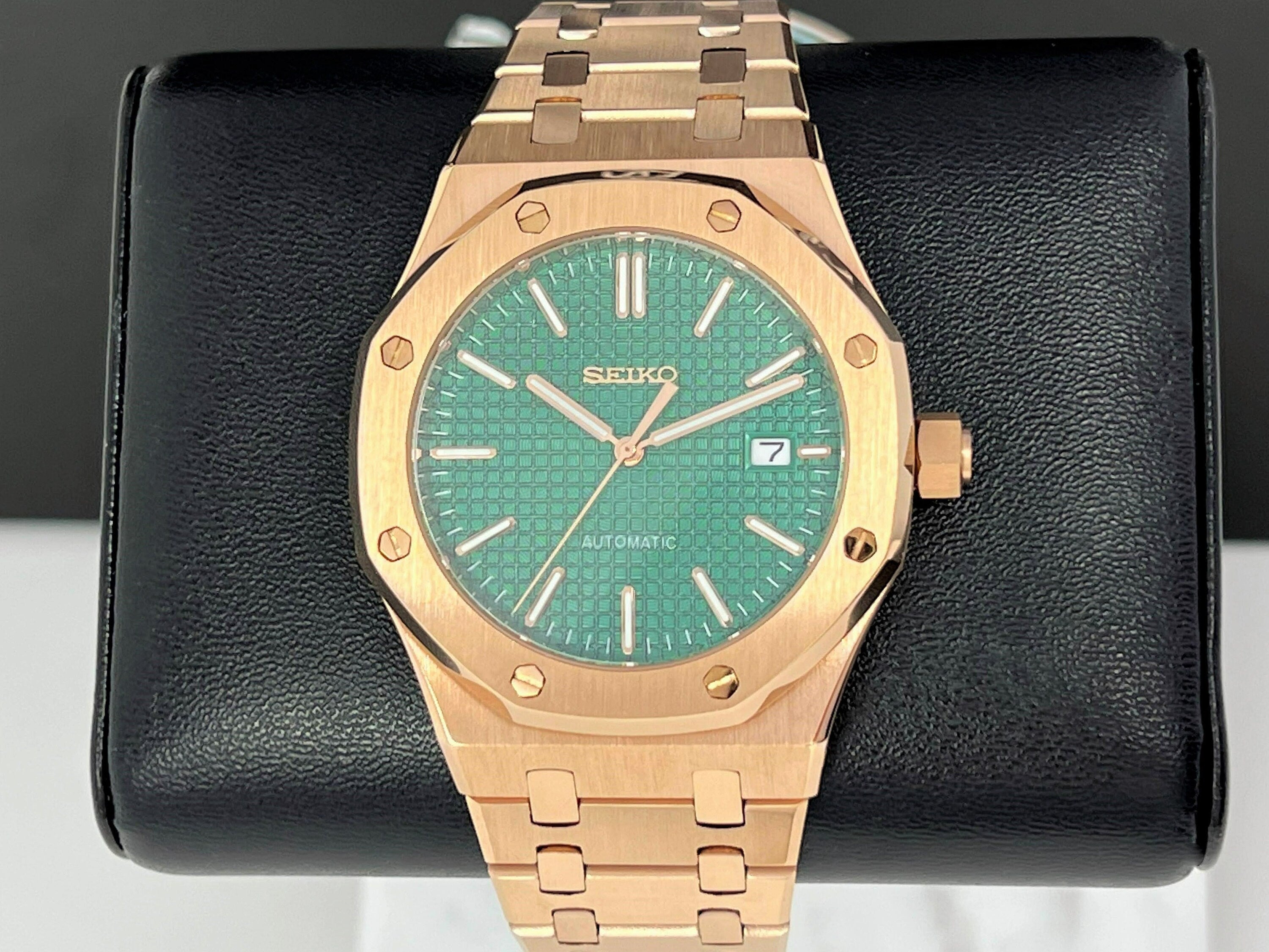 Custom Seikoak Rose Gold Luxury Watch Green Dial Seiko Mod