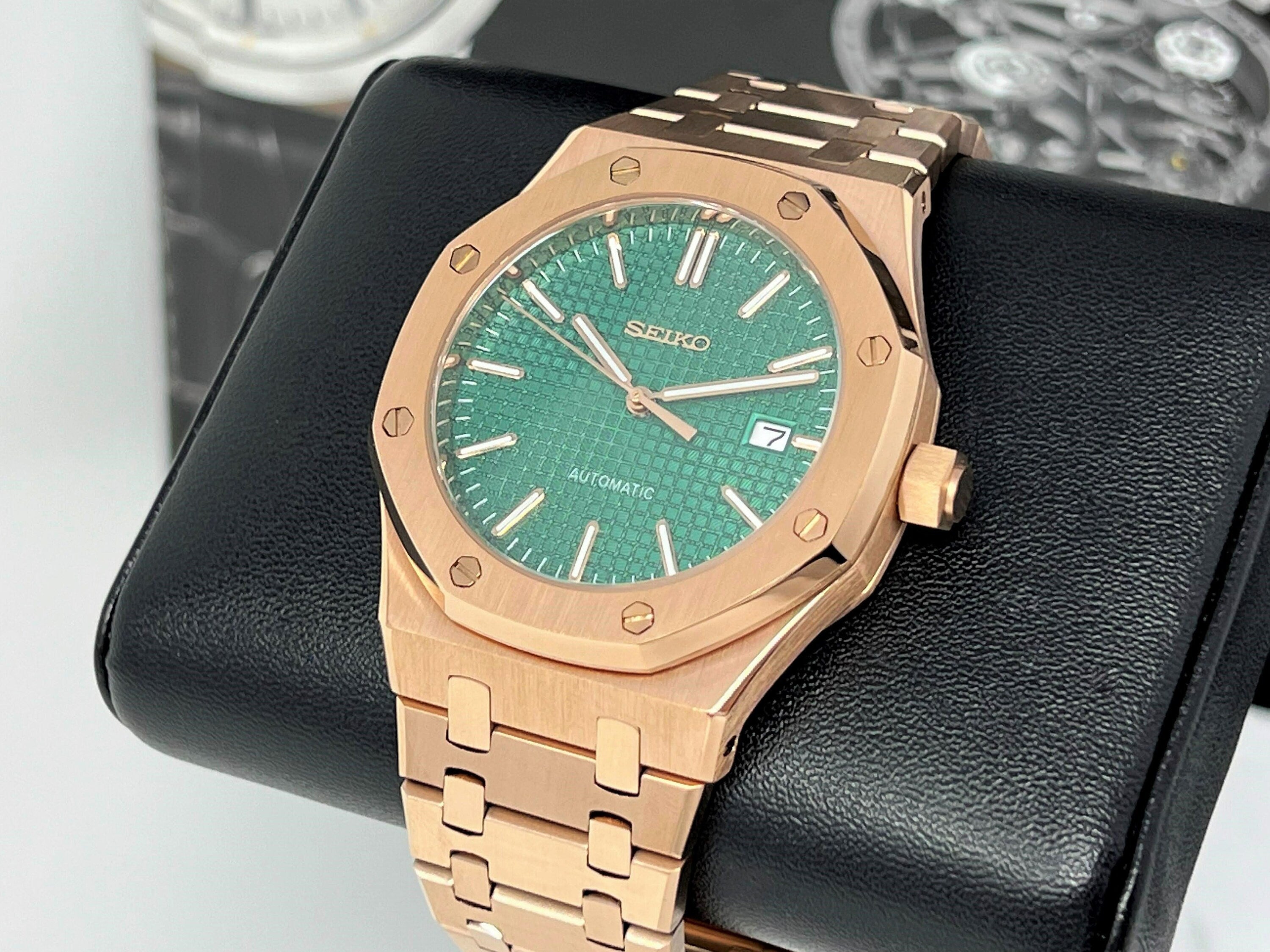 Custom Seikoak Rose Gold Luxury Watch Green Dial Seiko Mod