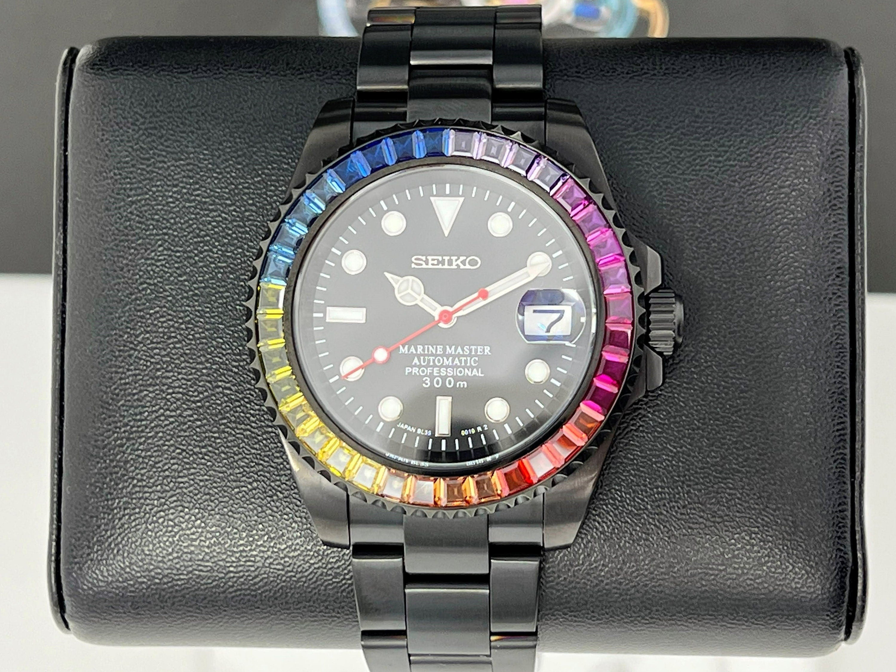 Seiko Rainbow Stealth 2023 Black with Sapphire Crystal Oyster Steel Bracelet Jewel Bust Down Gem Frost Bling Color Watch Mod