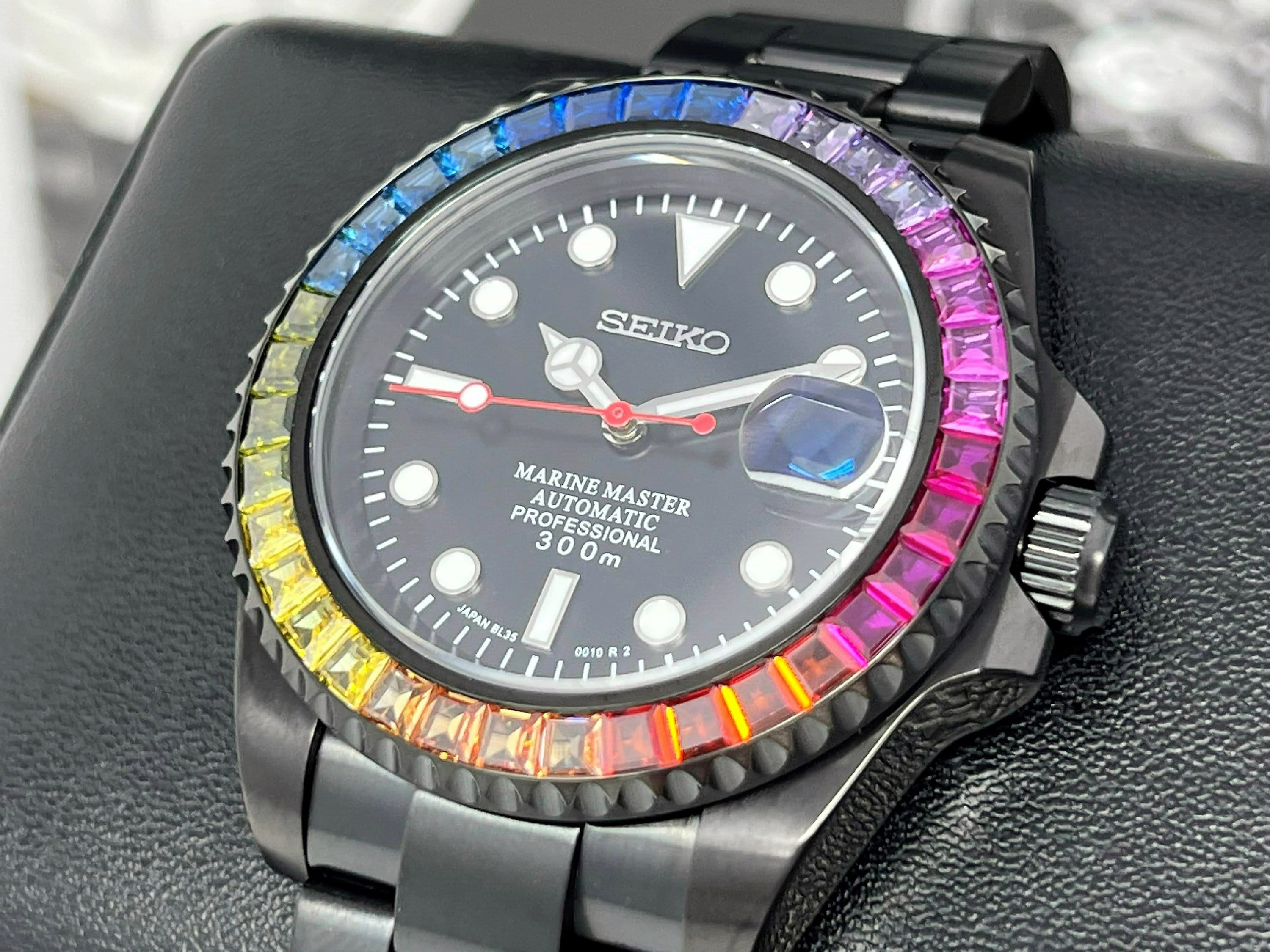 Seiko Rainbow Stealth 2023 Black with Sapphire Crystal Oyster Steel Bracelet Jewel Bust Down Gem Frost Bling Color Watch Mod