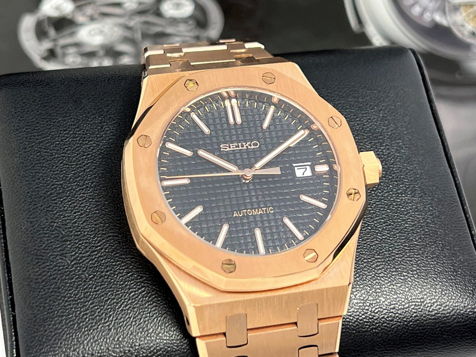 Seikoak Rose Gold Luxury Dress Watch | Black Dial | Seiko Mod | Watch Mod | Custom Watch | NH35 Automatic Movement | 42mm | Steel Sport