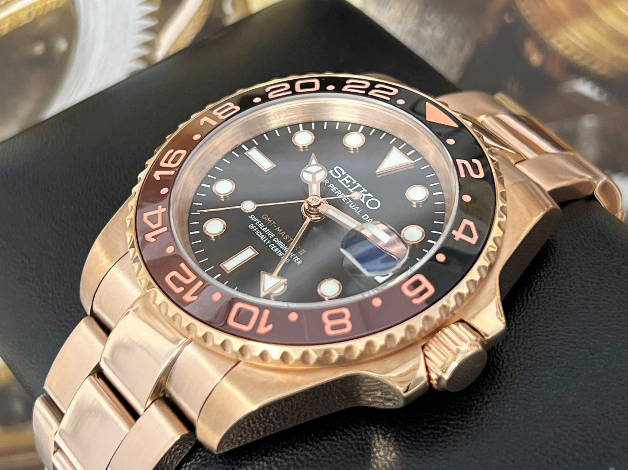 Seiko Rootbeer New 4 Hand GMT 2023 | Copper Rose Gold | NH34 Automatic 41mm | Dual Two Timezone | Custom Watch | Bronze Watch Mod Automatic