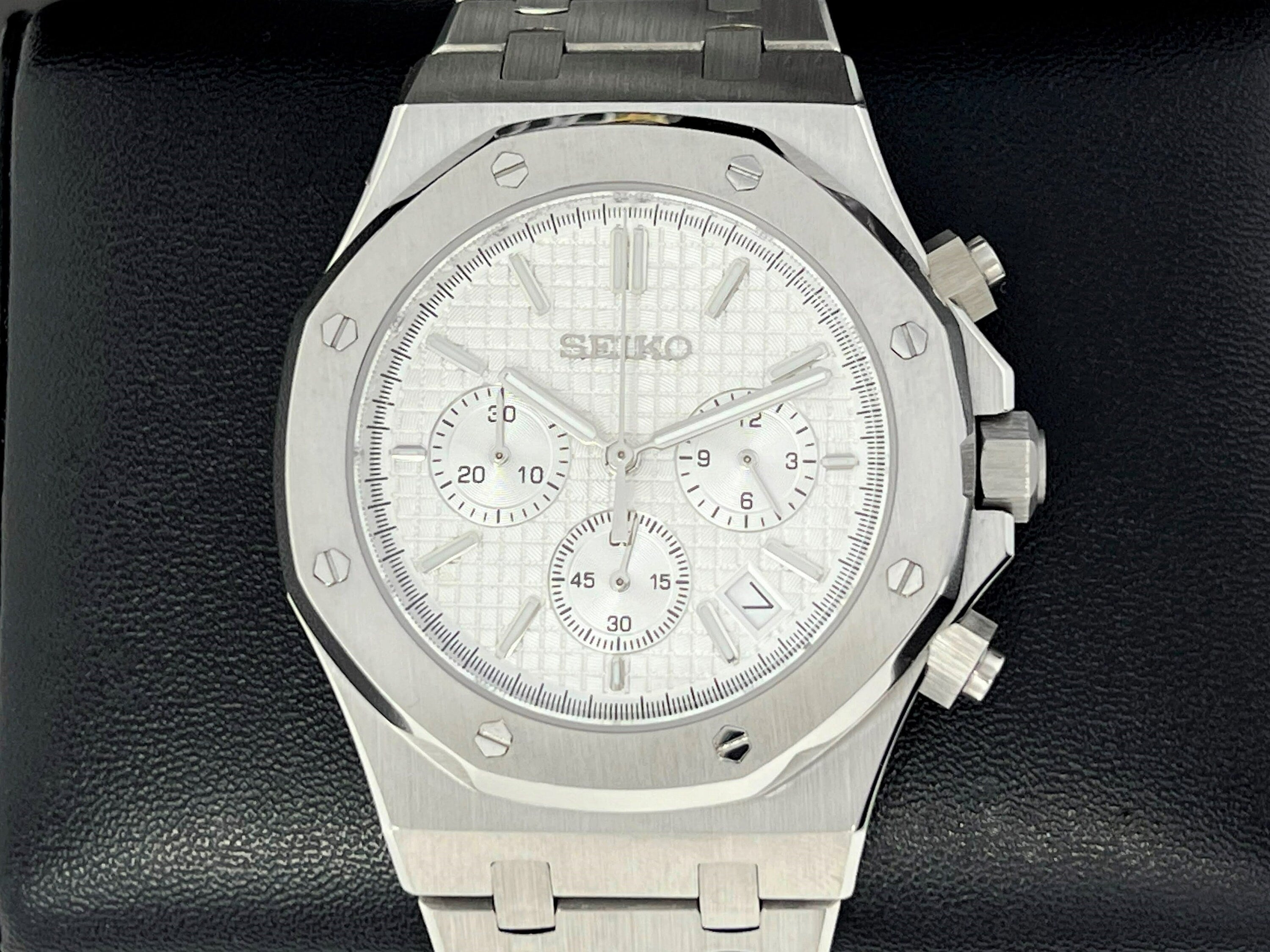 Seikoak Luxury Chronograph | White on Stainless Steel | Sport Watch 42mm |  Royal | Oak | Waffle Dial | VK63 Wristwatch | Custom Men's Watch