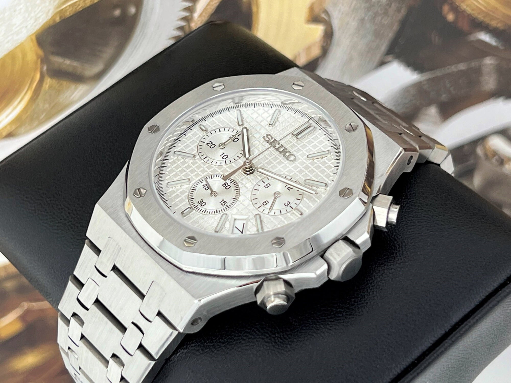 Seikoak Luxury Chronograph | White on Stainless Steel | Sport Watch 42mm | Royal | Oak | Waffle Dial | VK63 Wristwatch | Men&#39;s Watch