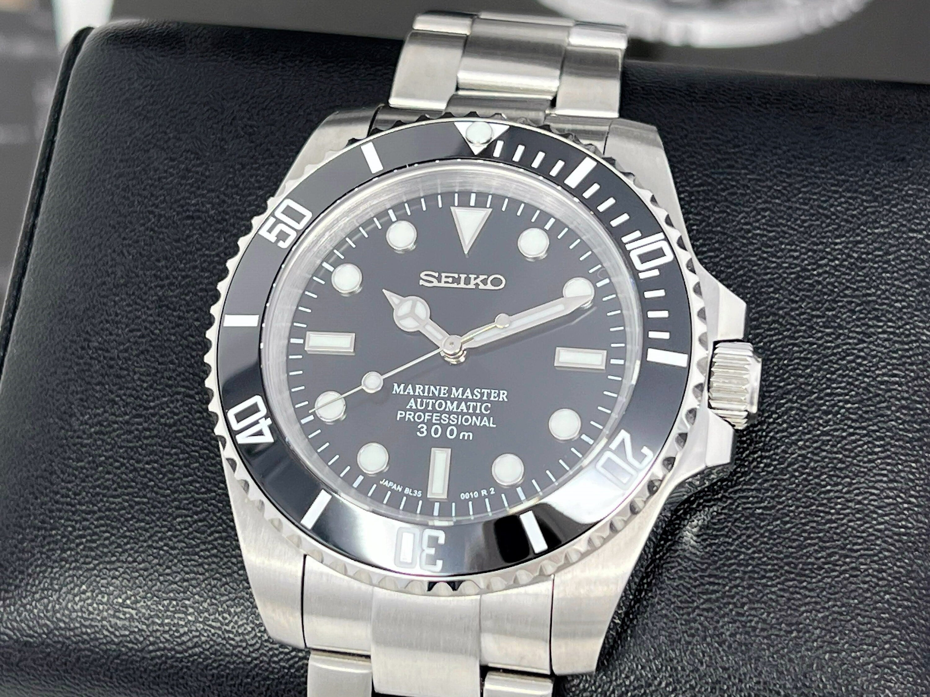 Seiko Submariner No Date Black Stainless Steel Sapphire Crystal Oyster Steel Bracelet Ceramic Bezel Seiko Mod Watch Mod Sub NH35