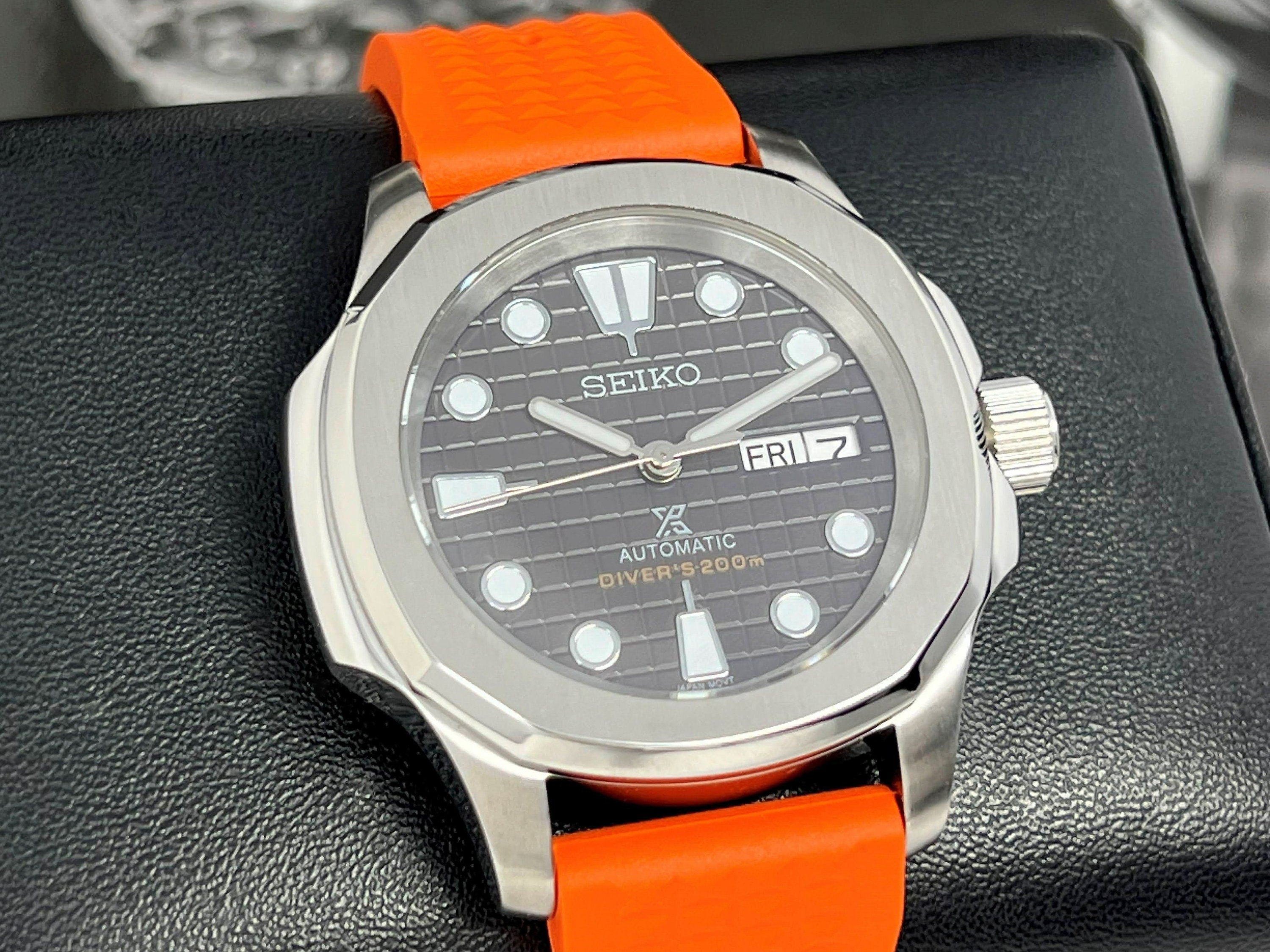 Custom Seikonaut Orange Modern Diver Watch Turtle Dial Rubber