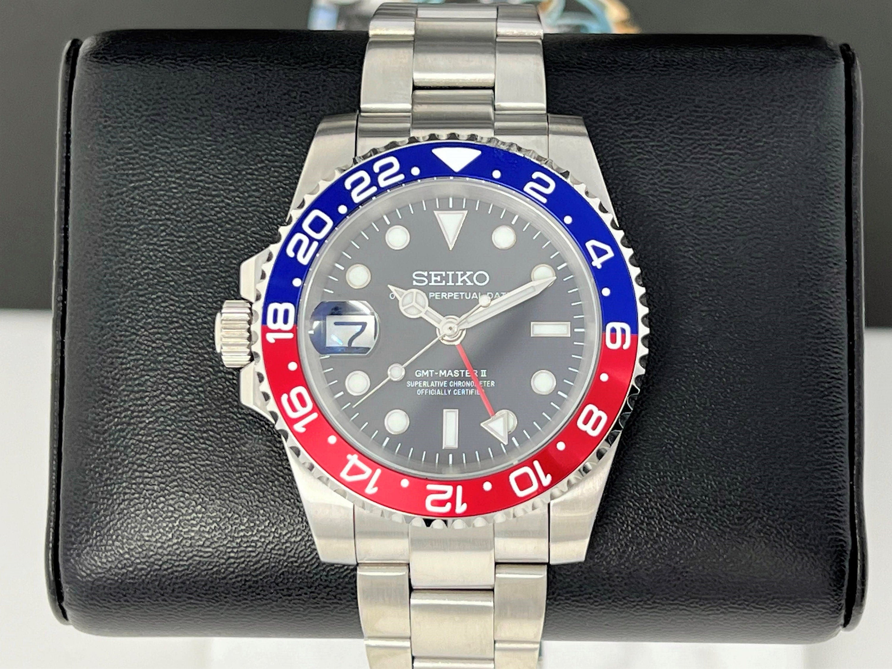 Custom Pepsi Full GMT Left Hand Blue and Red NH34 movement 41mm Timezone Automatic Custom Watch Watch Mod Destro South Paw