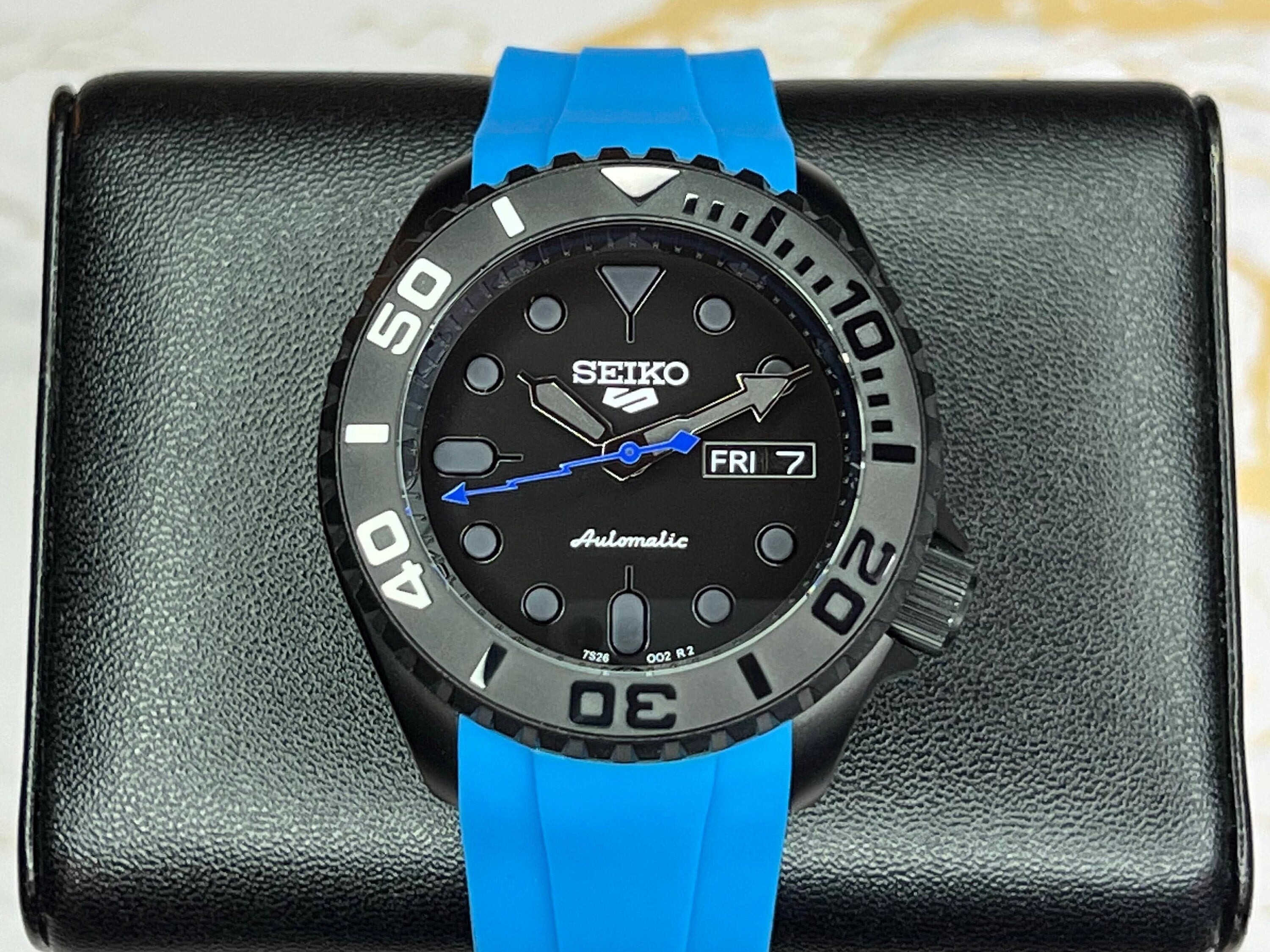 Custom Stealth Blackout Yachtmaster | SKX007 | Men's Watch | Dive Watch |  Blue Rubber | Seiko Mod | 100M | Custom Mod | Watch Mod | Diver