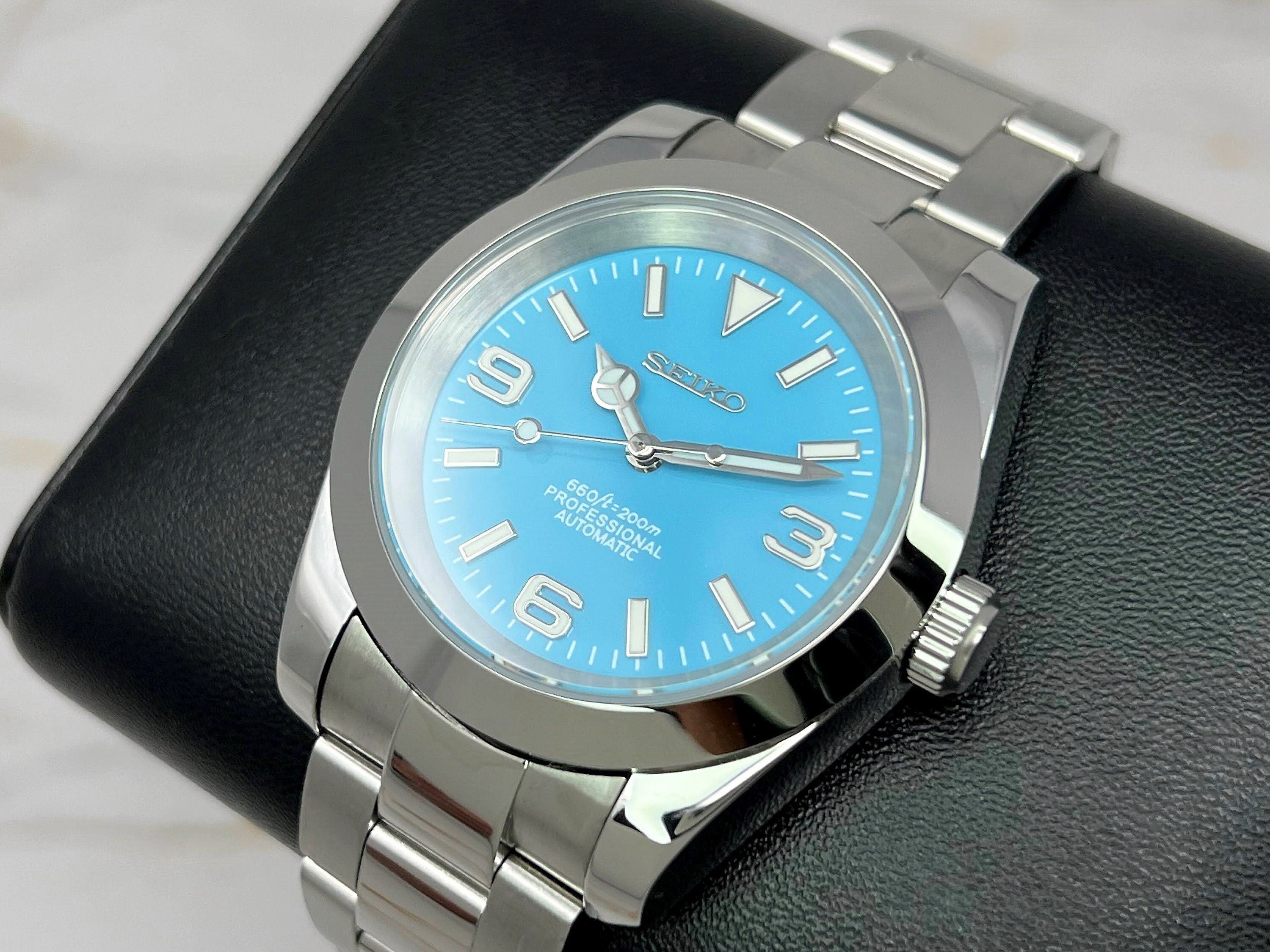 Custom Baby Blue Explorer Stainless Steel Watch 39mm Automatic W Watches by Andrew