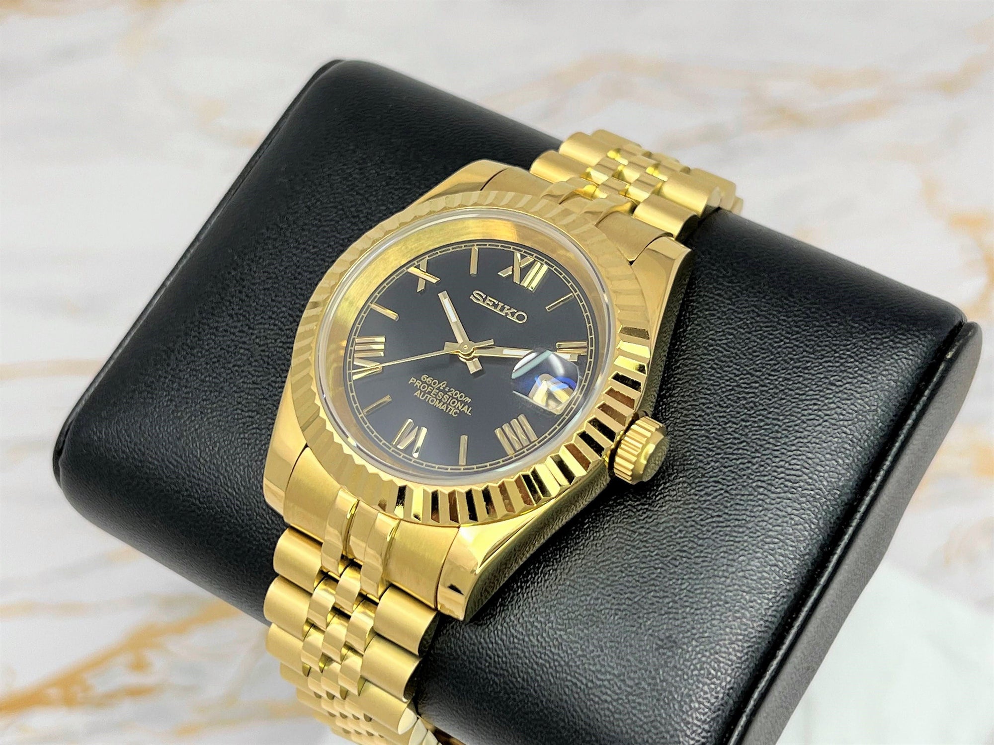 Seiko Gold and Black 39mm Datejust | Roman Numeral | Fluted Bezel | Oyster | NH35 | Seiko Mod | Watch Mod | Custom Watch | DJ36 | Buckley