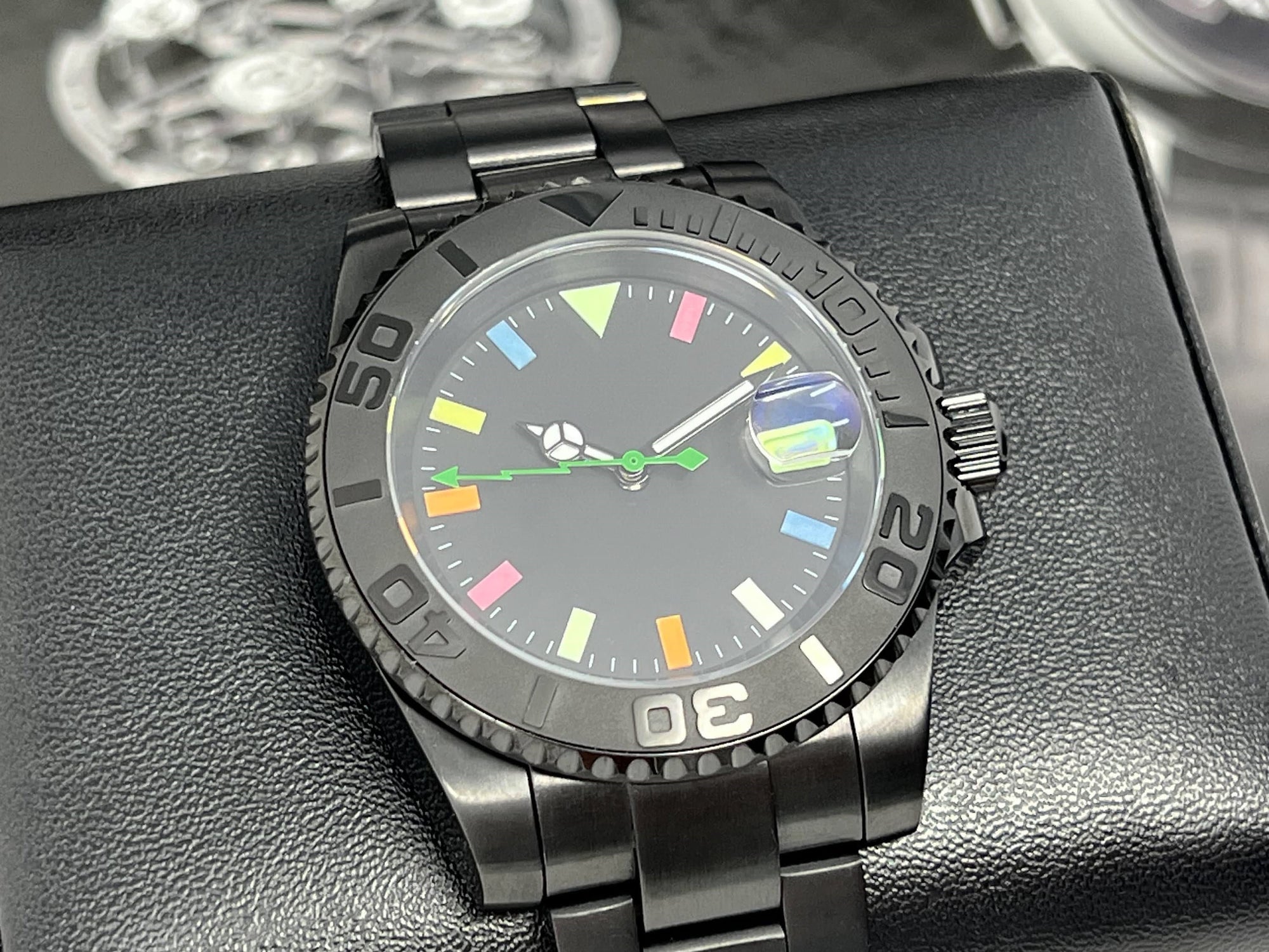 Blacked Out &amp; Neon Glow Luxury Watch | Seiko Mod | Sapphire Crystal, Colorful Dial, Color, Watch Mod, Unique Watch, Mod Watch, Blank Dial