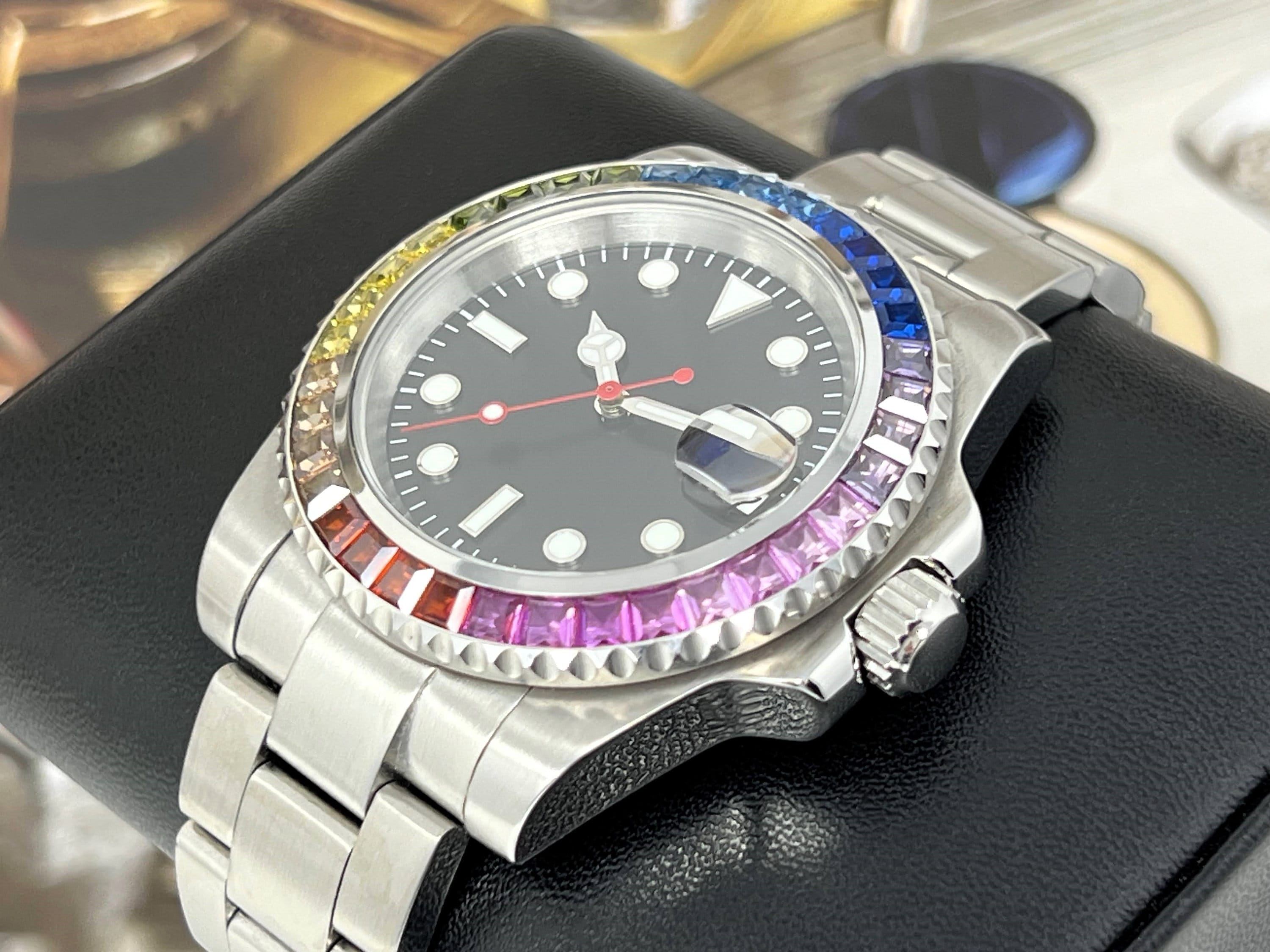 Custom Rainbow Jewel Watch Stainless Steel Sapphire Crystal