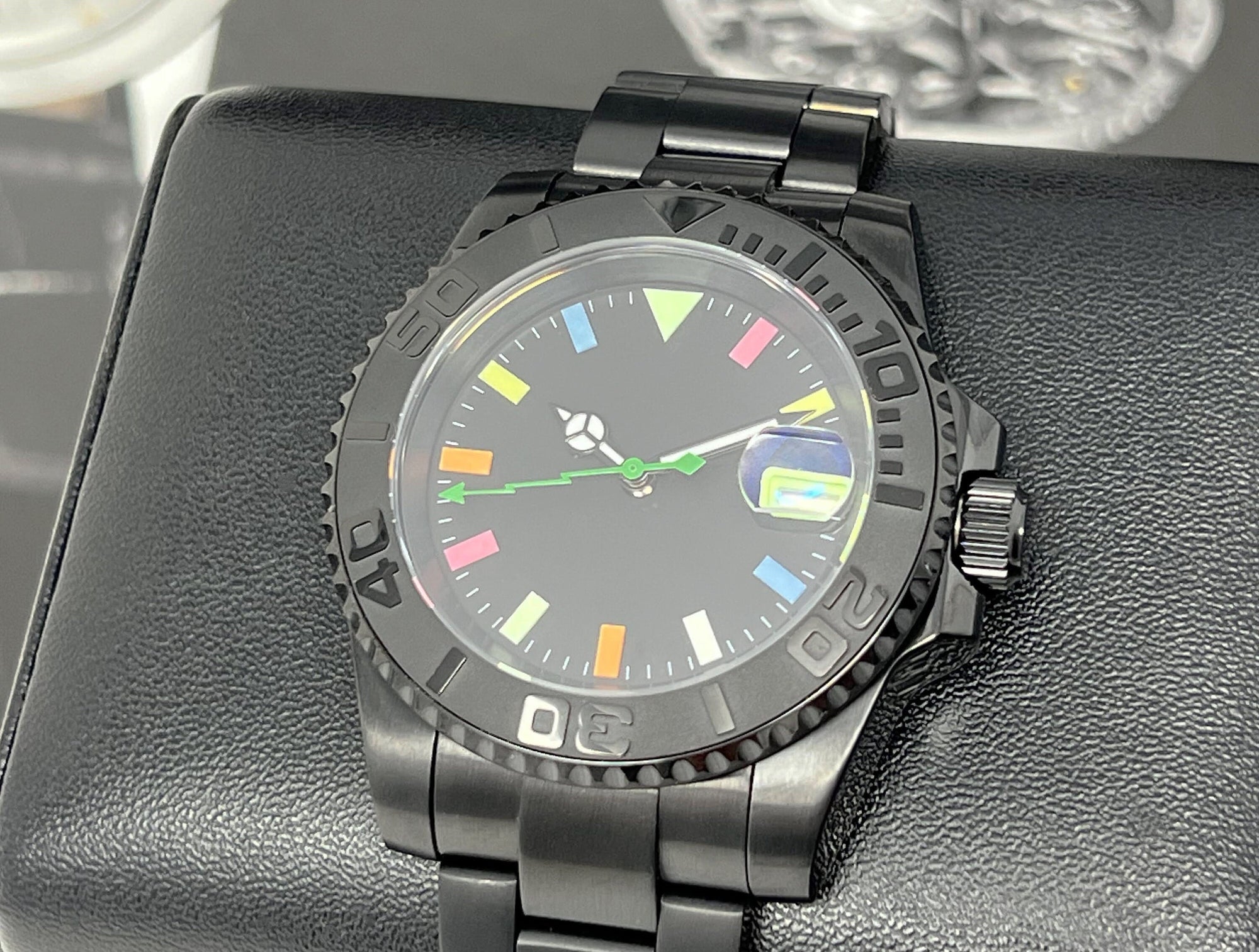 Blacked Out & Neon Glow Luxury Watch | Seiko Mod | Sapphire Crystal, Colorful Dial, Color, Watch Mod, Unique Watch, Mod Watch, Blank Dial